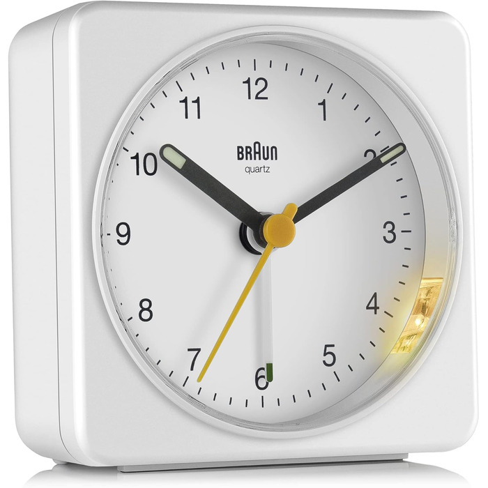 Braun Classic Analog Alarm Clock with Snooze Function and Light, Silent Quartz Movement, Crescendo Alarm, White Model BC03W