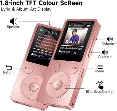 MP3 плеєр 32GB з Bluetooth 5.3 та вбудованим динаміком, FM-радіо, диктофон, HiFi-звук, розширювач пам'яті до 128GB, рожевий