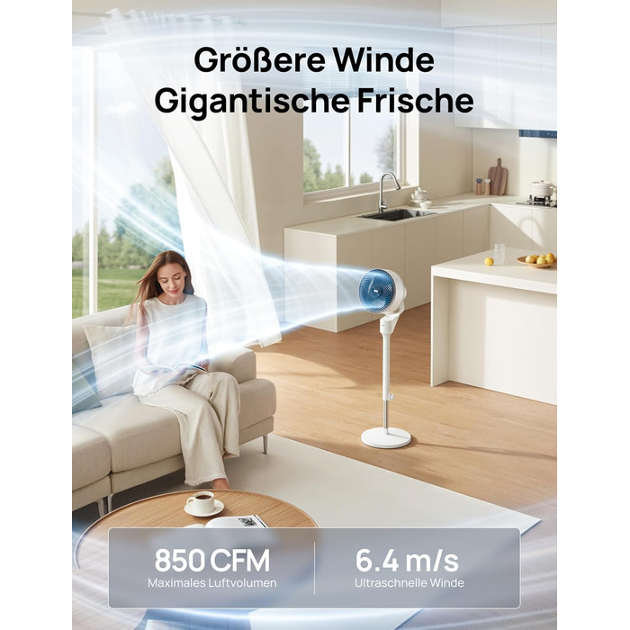 Дрео Безшумний підлоговий вентилятор з осциляцією, 1444 м³/год, 3 швидкості, таймер 6 годин, пульт дистанційного керування, циркуляція повітря за 3 хвилини, функція ароматерапії, білий