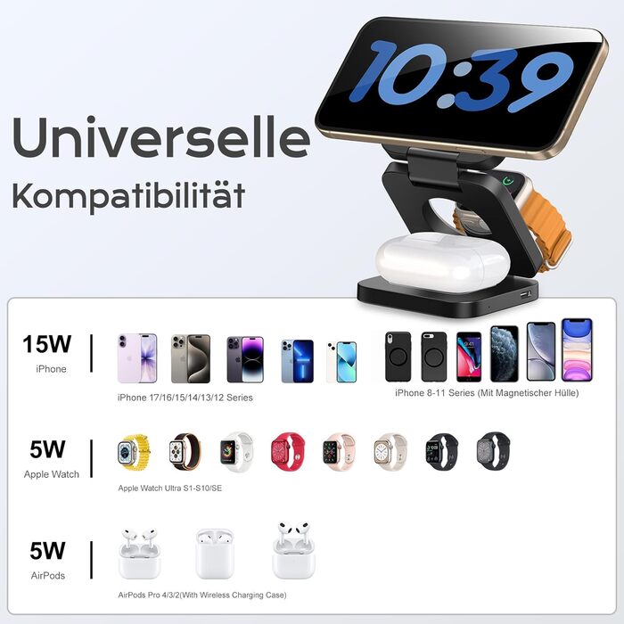 KU XIU Бездротова зарядна станція 3-в-1 MagSafe для iPhone 17/16/15/14/13/12, Apple Watch, AirPods. Складний зарядний пристрій для подорожей, чорний + адаптер
