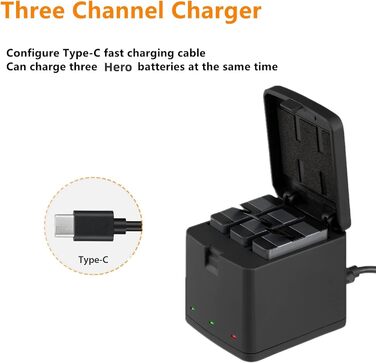 Зарядний комплект Vemico Hero 7/6/5: 3 акумулятори 1500mAh, зарядний пристрій з LED, Type-C, сумісний з Hero 7/6/5/2018, AHDBT-501