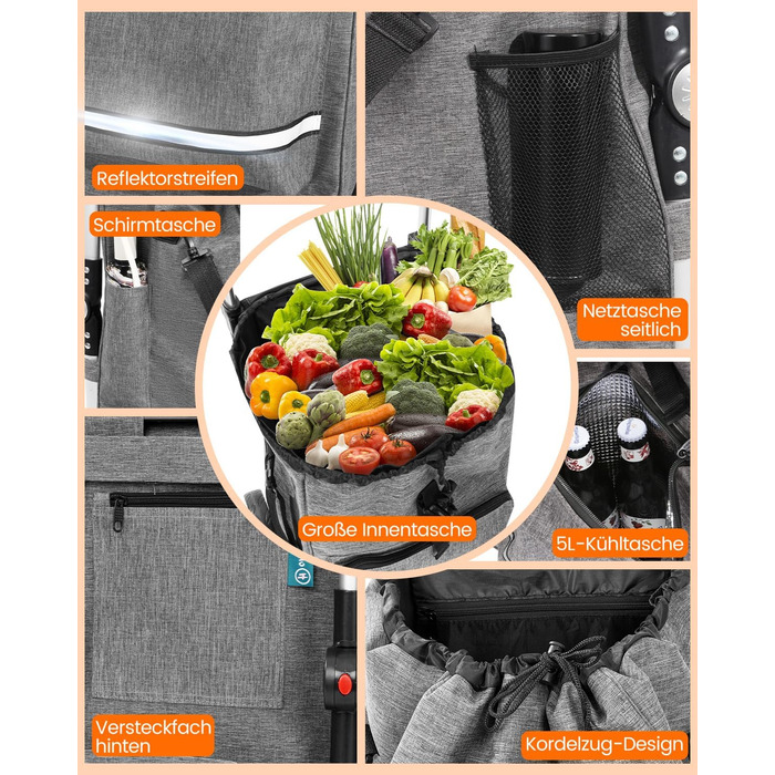 Складаний візок для покупок Homecall 50L з охолодженням, 3-в-1: візок, сумка на колесах, тачка (темно-сірий, сходинкові колеса)