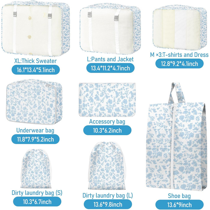 Органайзер для валізи, набір 10 шт. Packing Cubes для подорожей, аксесуари для валізи, органайзери для одягу, косметичка, набір для подорожей (Блакитний квітка)
