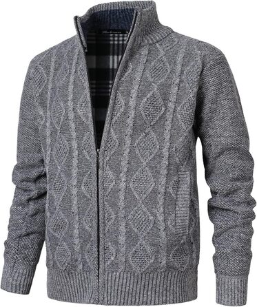 Чоловіча в'язана куртка-кардиган з коміром-стійкою та візерунком коси. Тепла флісова куртка з довгим рукавом для чоловіків (XXL, світло-сірий)