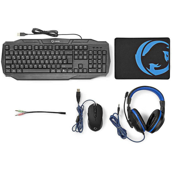 Ігровий комбо-кіт NEDIS 4-в-1: клавіатура, навушники, миша, килимок для миші - USB - QWERTY - 3200 DPI