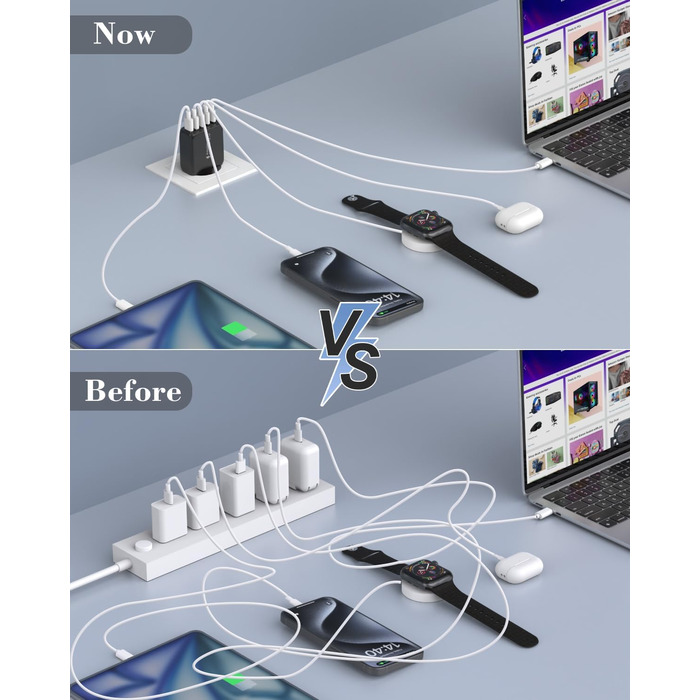 Мережевий адаптер USB C 50W 5 портів (2 USB C + 3 USB A) для iPhone, iPad, Samsung Galaxy, Google - білий/чорний