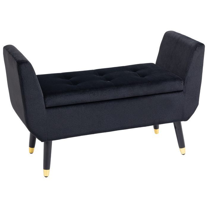 HOMCOM Luxury Bench with Storage & Armrests, Velvet Polyester, Rubber Wood, Black, 107x42x65cm for Living Room & Entryway