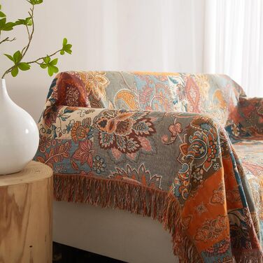 Богемна ковдра Boho Decke 100% бавовна – двостороння муслінова ковдра 150x200 см, м'яка ковдра для дивану та покривало на ліжко, естетичний дизайн, ідеально для вітальні та спальні, помаранчевий/зелений 150 x 200 см з квітковим візерунком