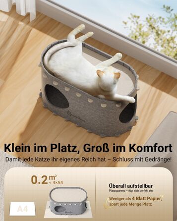 Будиночок для котів з фетру, лежанка для котів, будиночок-печеричка, 58 x 33 x 30 см, ігровий, зимовий, захист кігтів, сірий (один)