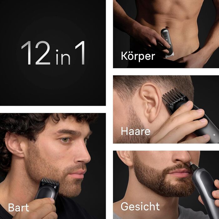 Braun Series 7 All-in-One 12-в-1: Триммер для бороди, носа, волосся (обличчя, тіла, голови) AIO7545, сірий, акумулятор 120 хв, 14 насадок (0.1-21 мм), водонепроникний