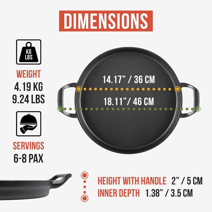 Chef Pomodoro Cast Iron Grill Pan – Cast Iron Grill Pan for Stove, Grill, Oven & Campfire – Cast Iron Pan - Pizza Pan Baking Sheet Round - Gas Grill Griddle - Cast Iron Pan for Gas Grill (36 cm Paella Pan)