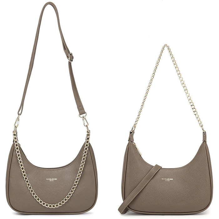 Стильна сумка-клатч David Jones через плече з ланцюжком, сіро-бежева (Taupe). Елегантна жіноча сумка з екошкіри для вечірок та повсякденного використання.