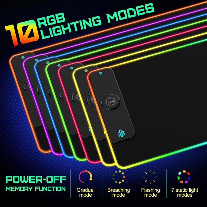 Ігровий килимок для миші RGB з бездротовою зарядкою Qi 15W, 800x350x4мм, 10 режимів підсвічування, швидка зарядка 10W для iPhone та навушників, водонепроникний, протиковзаючий (Чорний-Max)
