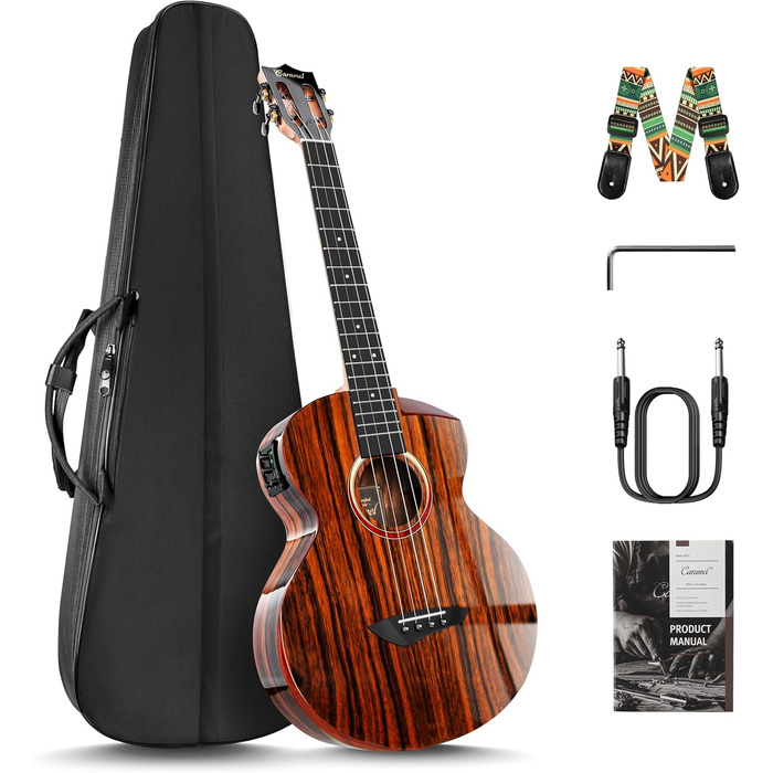 Гуталеле Caramel GEG95 з бокоте, глянцеве покриття | Акустична та електрогітара з аксесуарами для подорожей | 30' Baritone, чорне ебоні | Професійний набір, ручної роботи