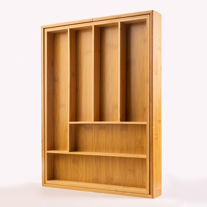 Органайзер для столових приборів бамбуковий висувний для шухляди 33-52 x 43 x 5 см, 6-8 відділень, пластиковий лоток для кухні