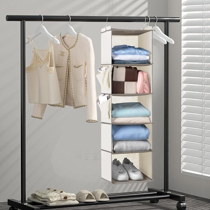 Організатор для шафи Cozary з 5 відділеннями, складаний, з металевими гачками (Бежевий)