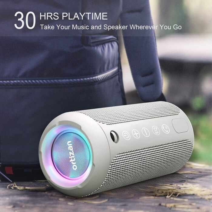 Портативна Bluetooth колонка Ortizan з RGB підсвіткою, IPX7, 30 годин роботи, Bass Boost, TWS, AUX, TF картка, мікрофон (Сірий)