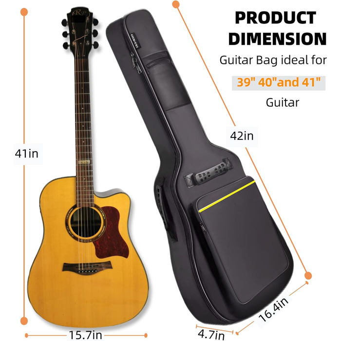 Чохол для акустичної гітари GIGKOUKI, 41 дюйм, водонепроникний, з регульованим реміннем