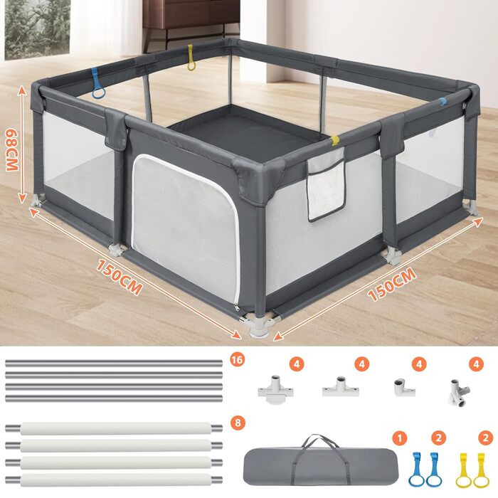 Дитячий манеж IBVIVIC 150x150 см, темно-сірий, з дихаючою сіткою та нековзкою основою, огорожа для немовлят і малюків, 300D оксфордська тканина