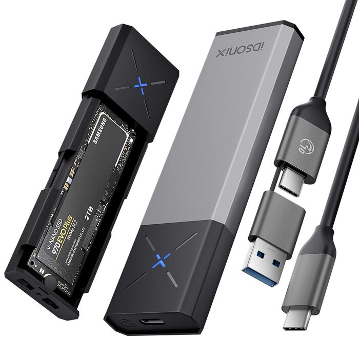 Зовнішній корпус-адаптер iDsonix M.2 NVMe та SATA SSD на USB 3.2 Gen 2 10Gbps, алюмінієвий, без інструментів, підтримка M-Key/B+M Key (2230/2242/2260/2280), сірий