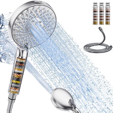 Душова лійка SR SUN RISE з фільтром, набір для душу з шлангом та фільтрами, ручна душова лійка з 9 функціями, 4 фільтри, високий тиск для жорсткої води, видаляє залишковий хлор, важкі метали, бактерії, 4-картриджний комбінований фільтр Gold