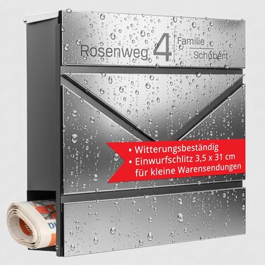 Поштовий ящик Grafner Premium, нержавіюча сталь, з газетницею та 2 ключами, гравіювання імені/вулиці/номера будинку, колір антрацит RAL7016