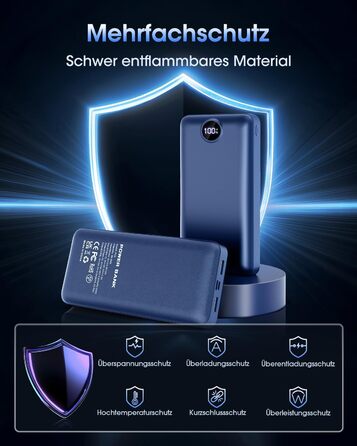 Power Bank 50000mAh з LED дисплеєм: Швидка зарядка 22.5W, 3 виходи USB та 2 входи, сумісний з iPhone, iPad, Android (Червоний)