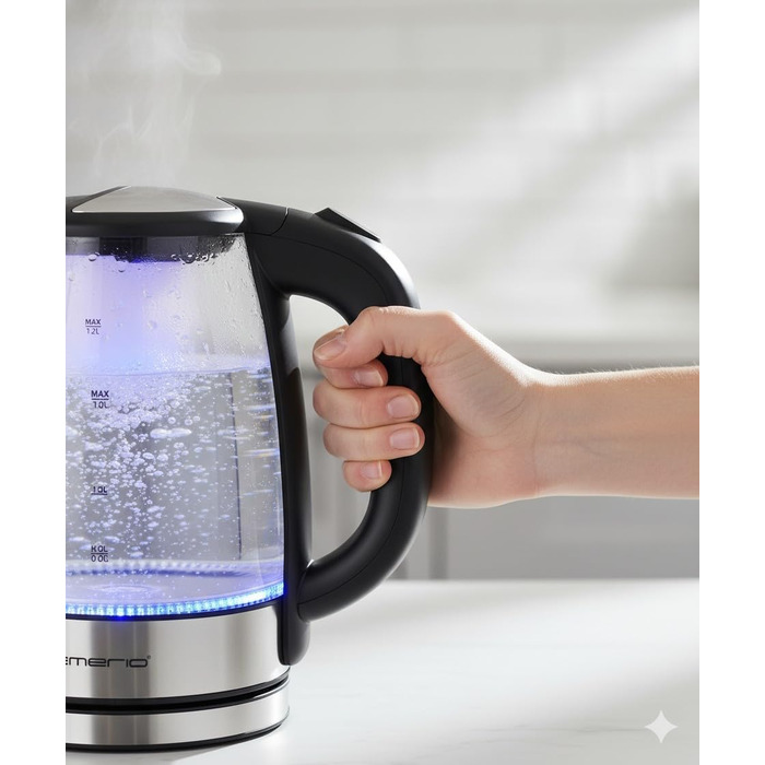 Електричний чайник EMERIO з боросилікатного скла, 1.7 л, синя LED-підсвітка, 2200 Вт, 360° підставка, без BPA