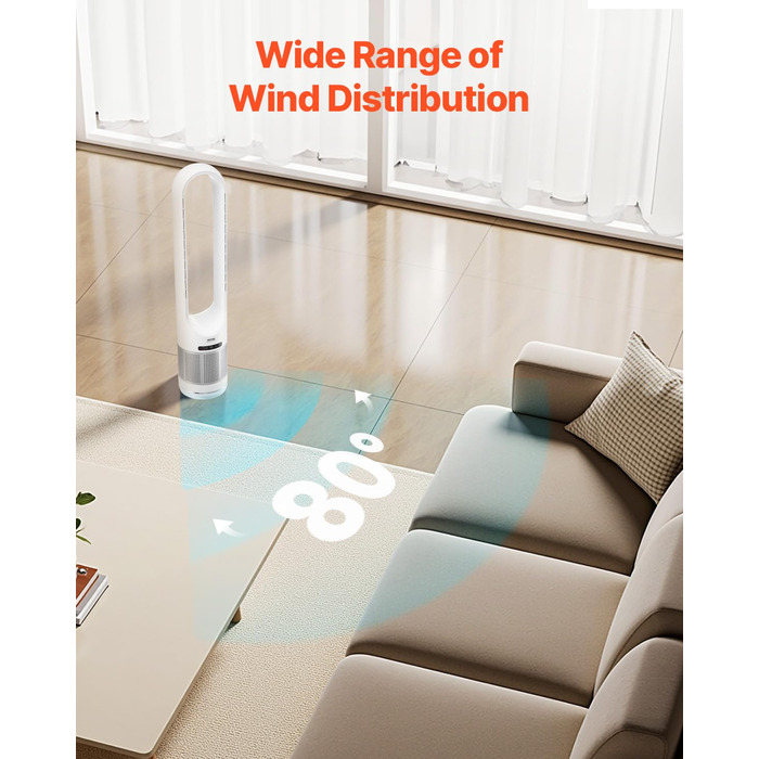 Турбо-вентилятор VEVOR без лопатей з HEPA-фільтром, 4.7 м/с, 8 швидкостей, осциляція 80°, таймер 8 годин, пульт ДК, режим очищення повітря