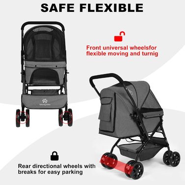 Візок для собак Wedyvko до 20 кг, 4 колеса, складний, для маленьких та середніх собак/кішок, з кошиком для зберігання та тримачем для напоїв (A-темно-сірий)