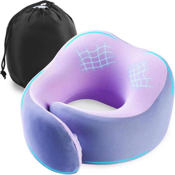 Подушка для шиї Gemice для подорожей, літака, з кріпленням на липучці, з піною з пам'яті, для дорослих, аксесуари для літака, сіра та фіолетова