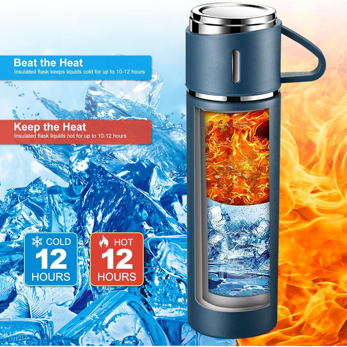 500ml Stainless Steel Thermos Flask with Cup and Handle - Leakproof Vacuum Insulated Travel Bottle for Kids, Sports (Black & Blue)