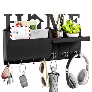 Держатель для ключів HapiRm з декором HOME, дерев'яне ключникове дошка з 7 гачками, з полицею. Підходить для входу, дверей, коридору, спальні, офісу (чорний)