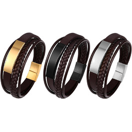 Чоловічий шкіряний браслет JewelryWe, ручної роботи, плетіння з кількох рядів, сталевий магнітний замок, регульований, для чоловіків та жінок (колір: коричневий, 3 шт.)