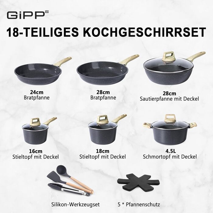 Набір кухонного посуду GiPP 18 предметів: каструлі, сковорідки, сочевички з антипригарним покриттям, сірий