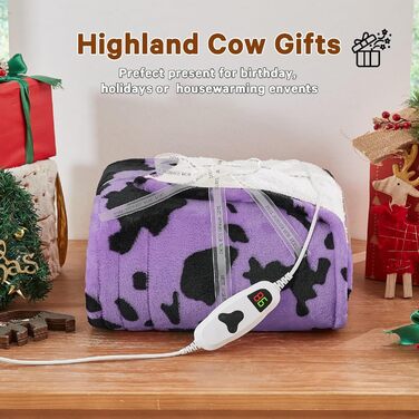 Електрична гріюча ковдра з принтом 'Корова', подвійний розмір, 157 x 213 см, фіолетовий колір, 10 режимів нагріву, автоматичне вимкнення через 8 годин, флісова та шерпа ковдра, тепла, подарунок для жінок, 62'x84' ковдра з принтом 'Високогірна корова'