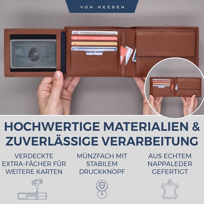 VON HEESEN Leather Wallet for Men with RFID Protection | Real Leather Wallet for Men | Coin Purse, Portemonnaie, Wallet, Brieftasche, Portmonee (Cognac Brown)