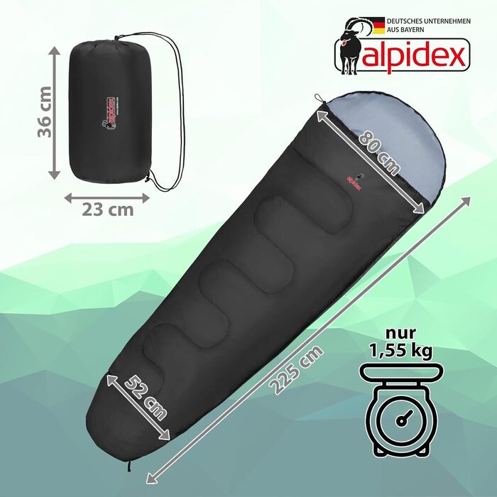 Спальний мішок Alpidex Mumienschlafsack 4 Seasons -17°C, 225x80 см, 400 GSM, чорний, для кемпінгу, трекінгу, подорожей