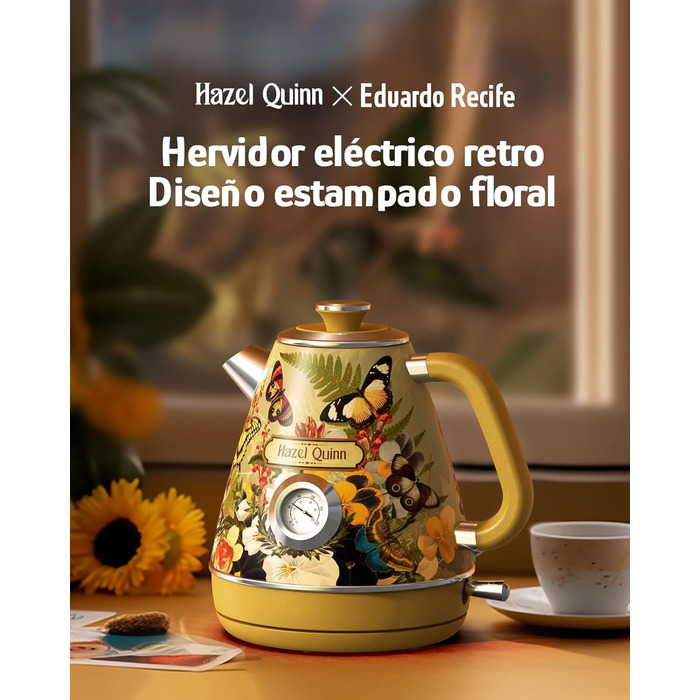 Hazel Quinn Kettle Retro Vintage Design Stainless Steel, BPA-Free, Automatic Shut-Off, Water Temperature Indicator, Strix Controller, Boil-Dry Protection, 2200 W, Floral Print