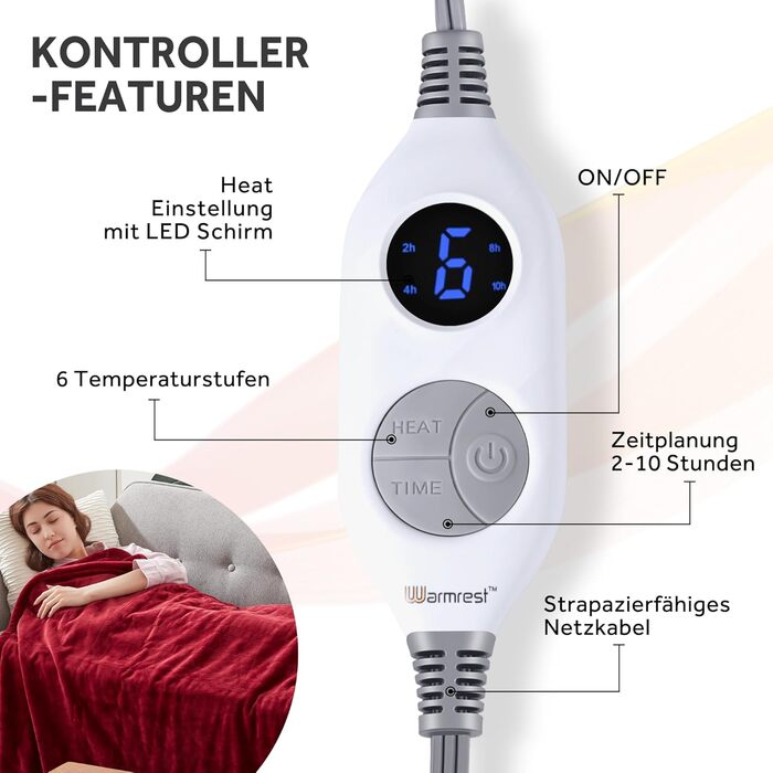 Електрична ковдра Warmrest, фланель, 130x180 см, 6 температурних режимів, таймер 1-10 год, автовимкнення та захист від перегріву, можна прати, 130x180 см (червона)