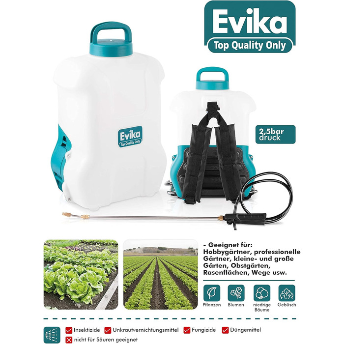 Акумуляторний обприскувач EVIKA 16 л для саду, виноградників і газону, ранцевий, з телескопічною штангою 110 см, електричний садовий розпилювач для гербіцидів і добрив