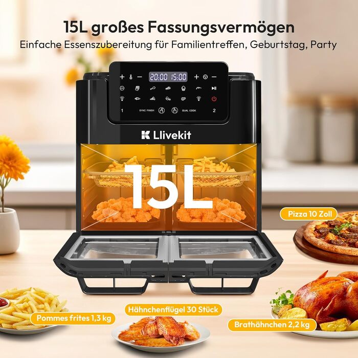 Фритюрниця повітряна LLIVEKIT 15L з 2 камерами, з оглядовим вікном, 2600W, 12-в-1, чорна, з таймером та 8 аксесуарами