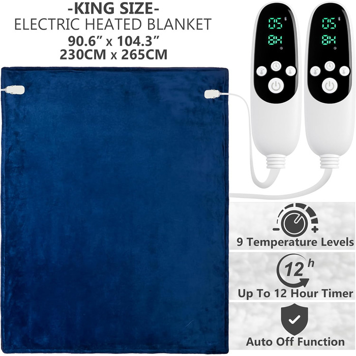 Електрична ковдра Kingsize König EU, Sherpa фліс, 230x265 см, 9 режимів нагріву, таймер 12 годин, тепла подарунок