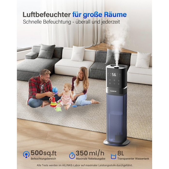 Зволожувач повітря YOKEKON для дому: ультразвуковий, 8L, тихий, для великих приміщень, синій
