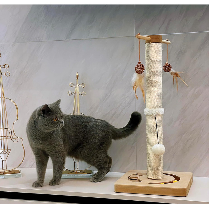 Котяча кігтеточка AUSCAT з іграшками, 63 см, бежева. Кігтеточка-стовп з натурального сизалю в сучасному дизайні