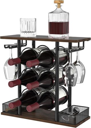 VyGrow Wine Rack with 3 Tiers, Wood and Metal, Easy to Assemble, for 6 Bottles and 4 Glasses at Home, 16 x 41 x 40.2 cm