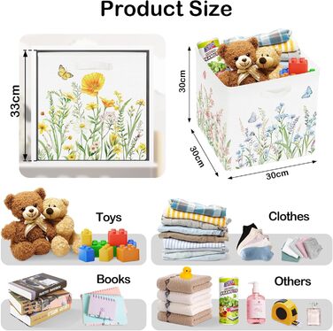 HUUMONSS 30cm Storage Box, 3 Pack, Garden Wildflower Storage Basket, Kids Foldable Spring Butterfly with Handles, Storage Cube Organizer for Toys, Books, Clothes