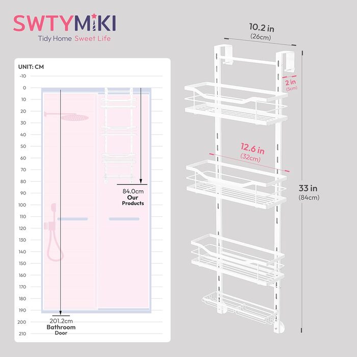Підвісна полиця для душу SWTYMIKI на 4 яруси, регульована органайзер-стелаж зі сталею без свердління для скляних дверей, з гачками та мильницею, білий