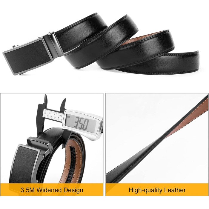Чоловічий шкіряний ремінь Flintronic з автоматичною пряжкою (ратинг), ширина 3.5 см, довжина 130 см, з лінійкою та брелоком (у подарунковій коробці), чорний