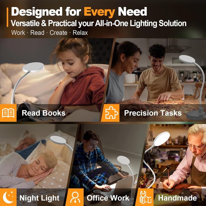 LED настільна лампа 15W з USB-A та USB-C – диммування, 3 колірні температури, 5 рівнів яскравості, таймер, гнусий 360° шийка, захист очей, для офісу та спальні (біла, 12 см)